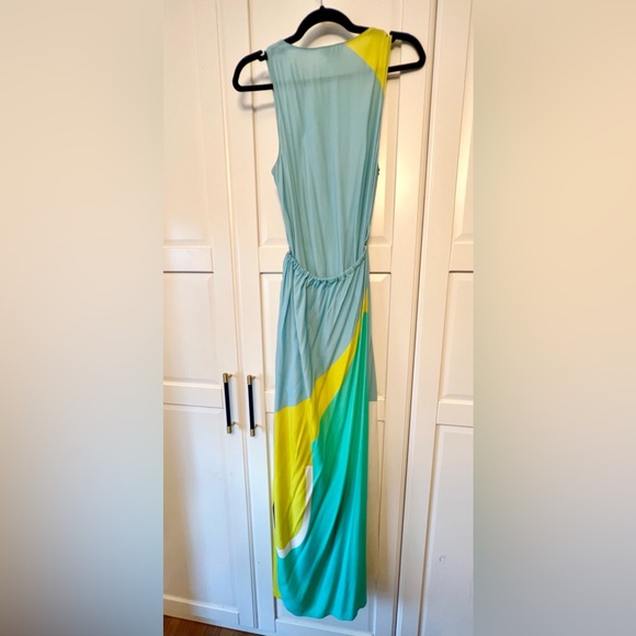 THE KIT. Size M Maxi Wrap Dress with Green Blue White Asymmetrical Print - Picture 2 of 5